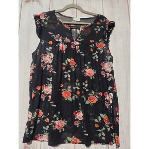 Ivy Rose Black Floral Sheer Mesh Flutter Sleeve V Neck Shirt Size 2X Whimsigoth